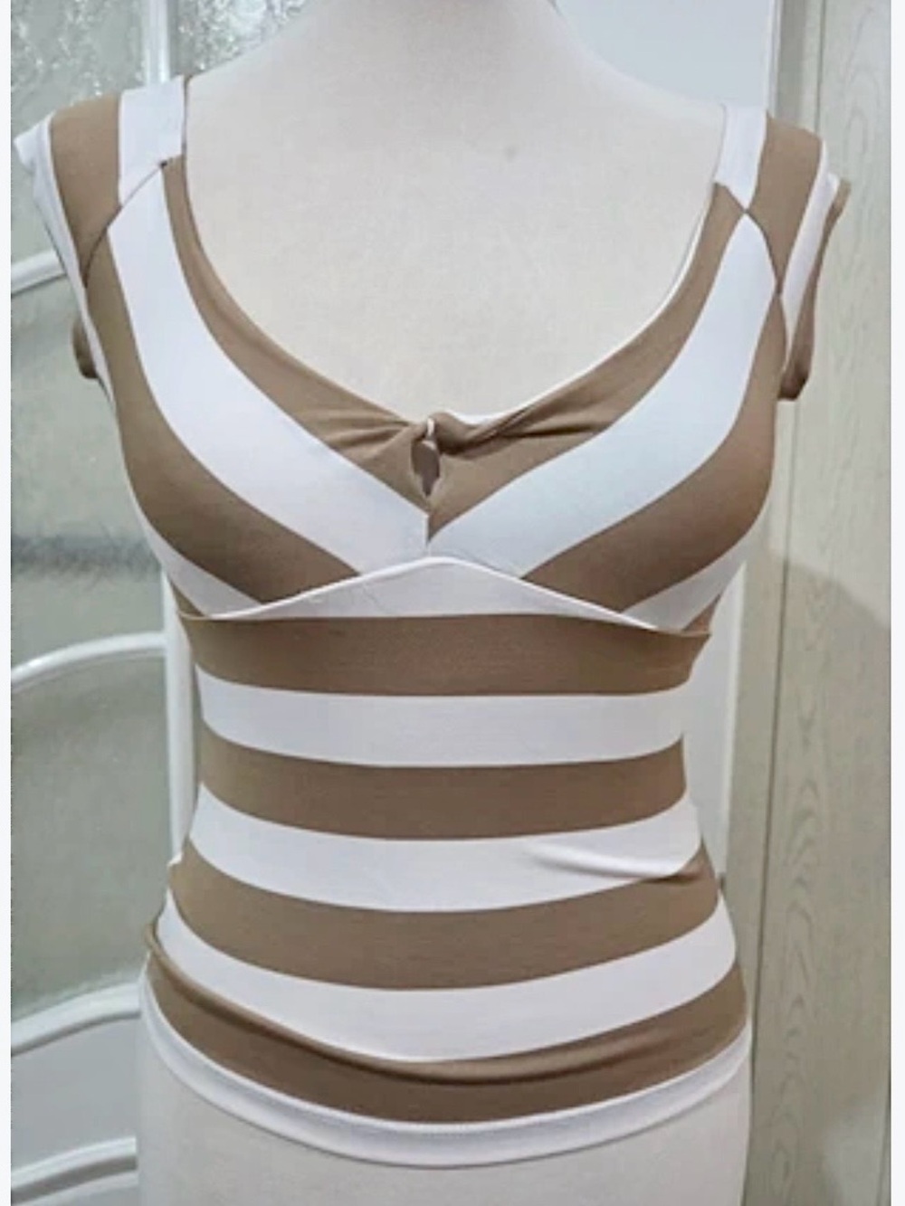 Vintage XOXO brown and white striped, cap-sleeve top Size M